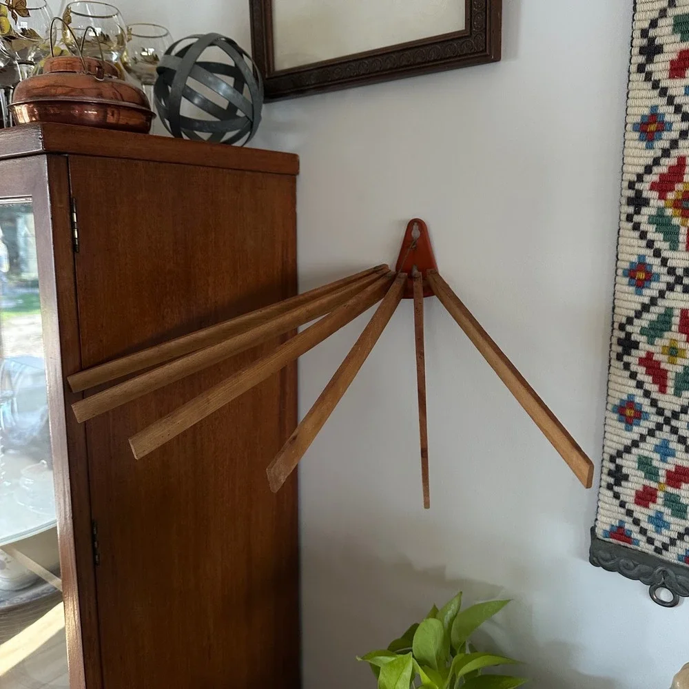Vintage Wall Mount Wooden Drying Rack 5 Arm Folding Laundry Clothes Towel Hanger